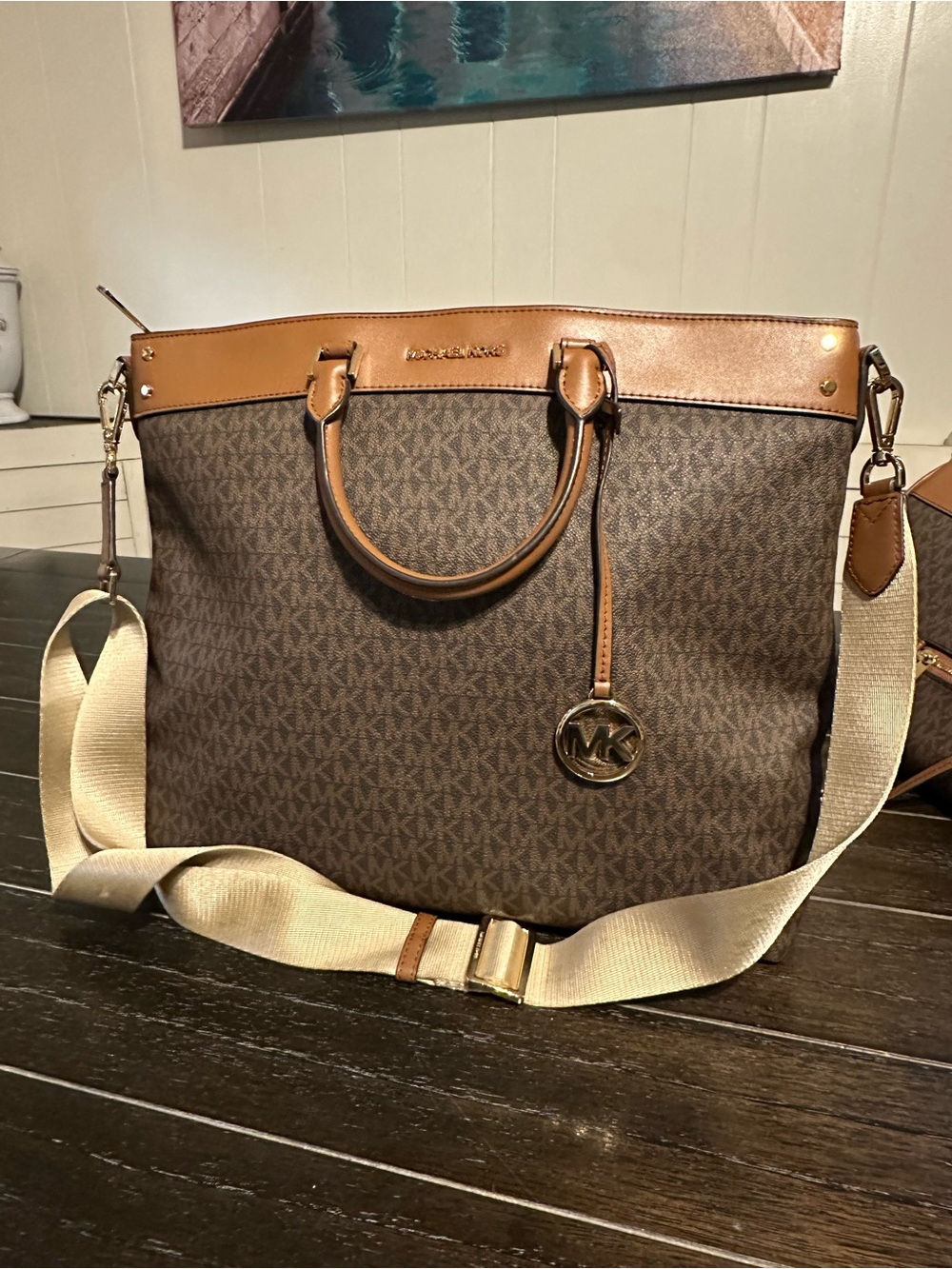 Michael Kors Brown Monogram Messenger Bag with Tan Trim